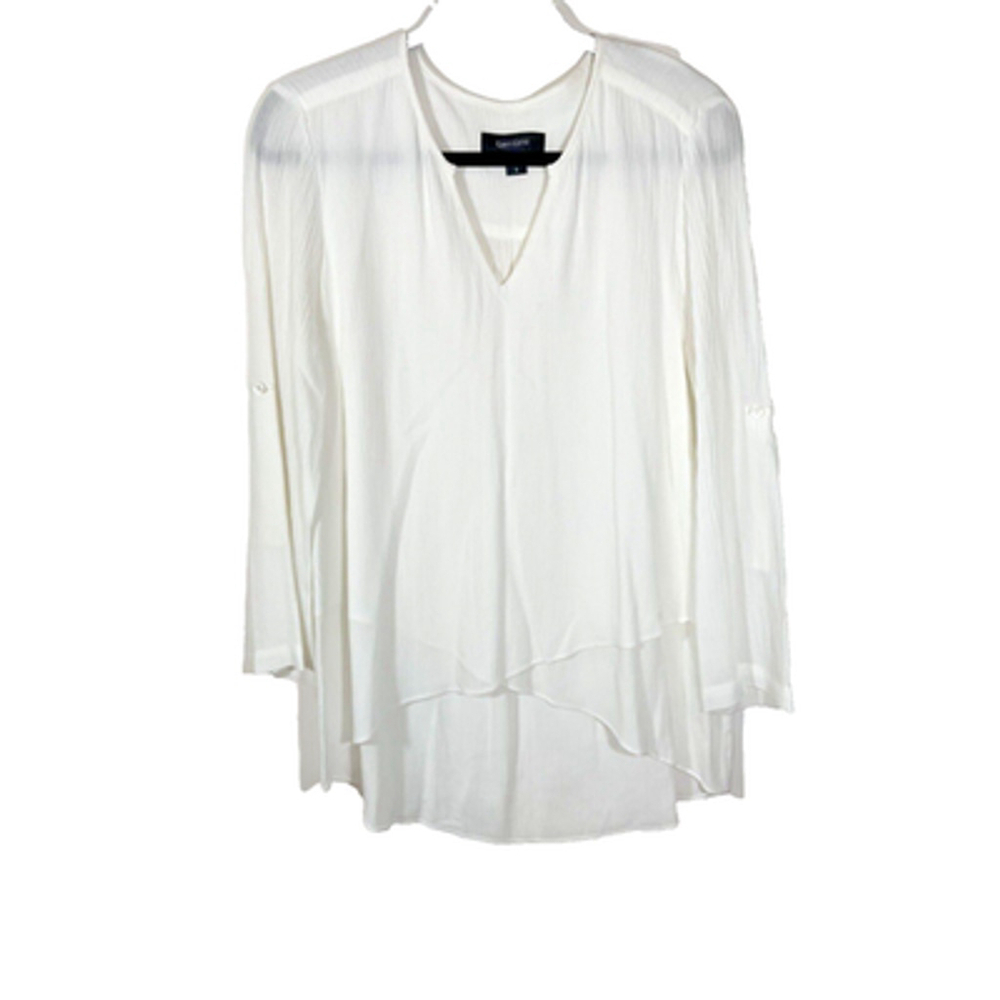 Karen Kane Top Womens Sz S White V-Neck Tab Sleeve Asymmetric High Low Pullover